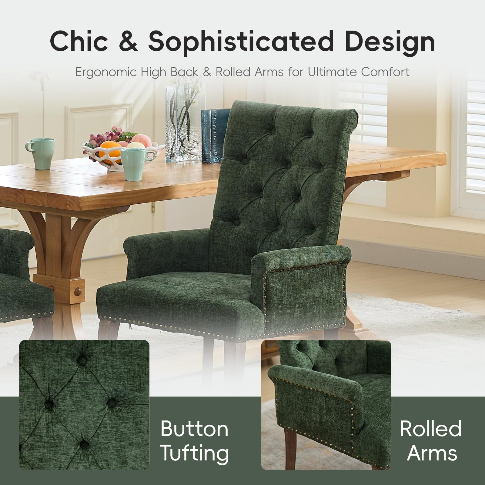 Upholstered Chenille Tufted Dining Chair with Arms – Solid Wood Frame Accent Chair for Dining Room, Kitchen & Living Room