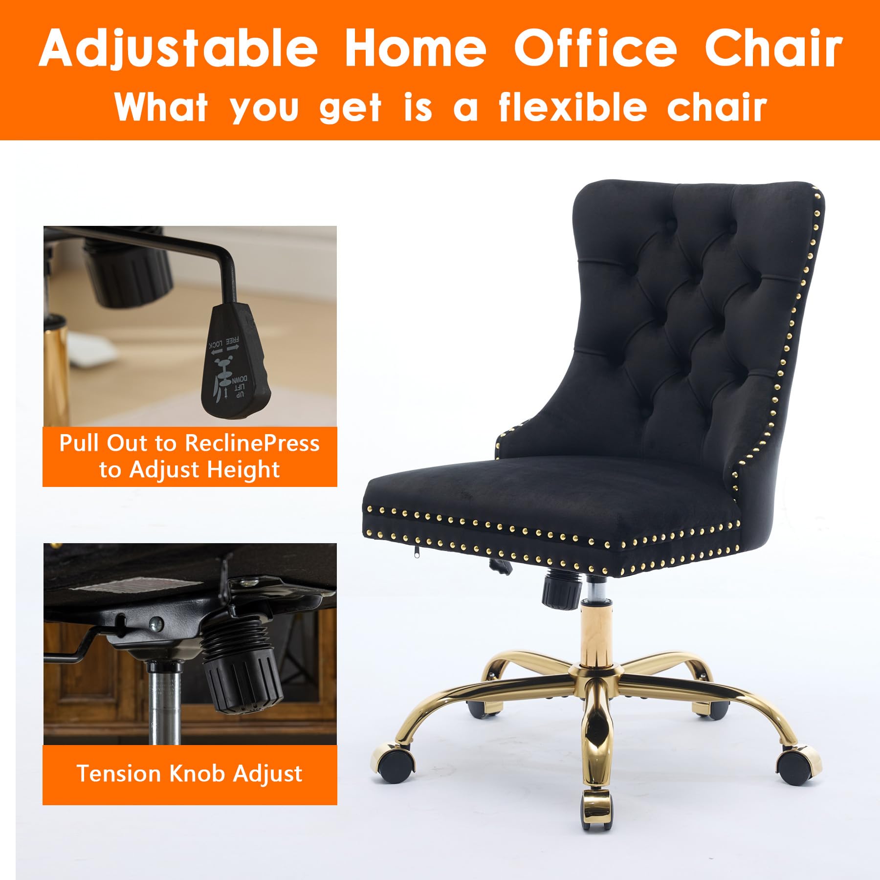 Velvet Tufted Office Chair – Adjustable Swivel Desk Chair with Gold Base & Soft Cushion