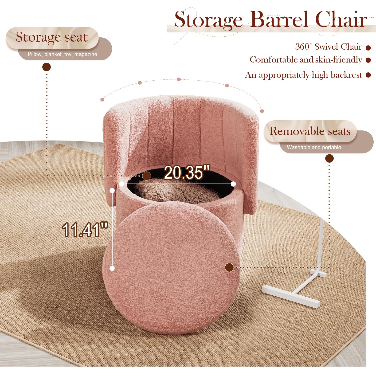 Modern 360° Swivel Accent Chair with Storage – Bouclé Barrel Chair for Living Room or Bedroom