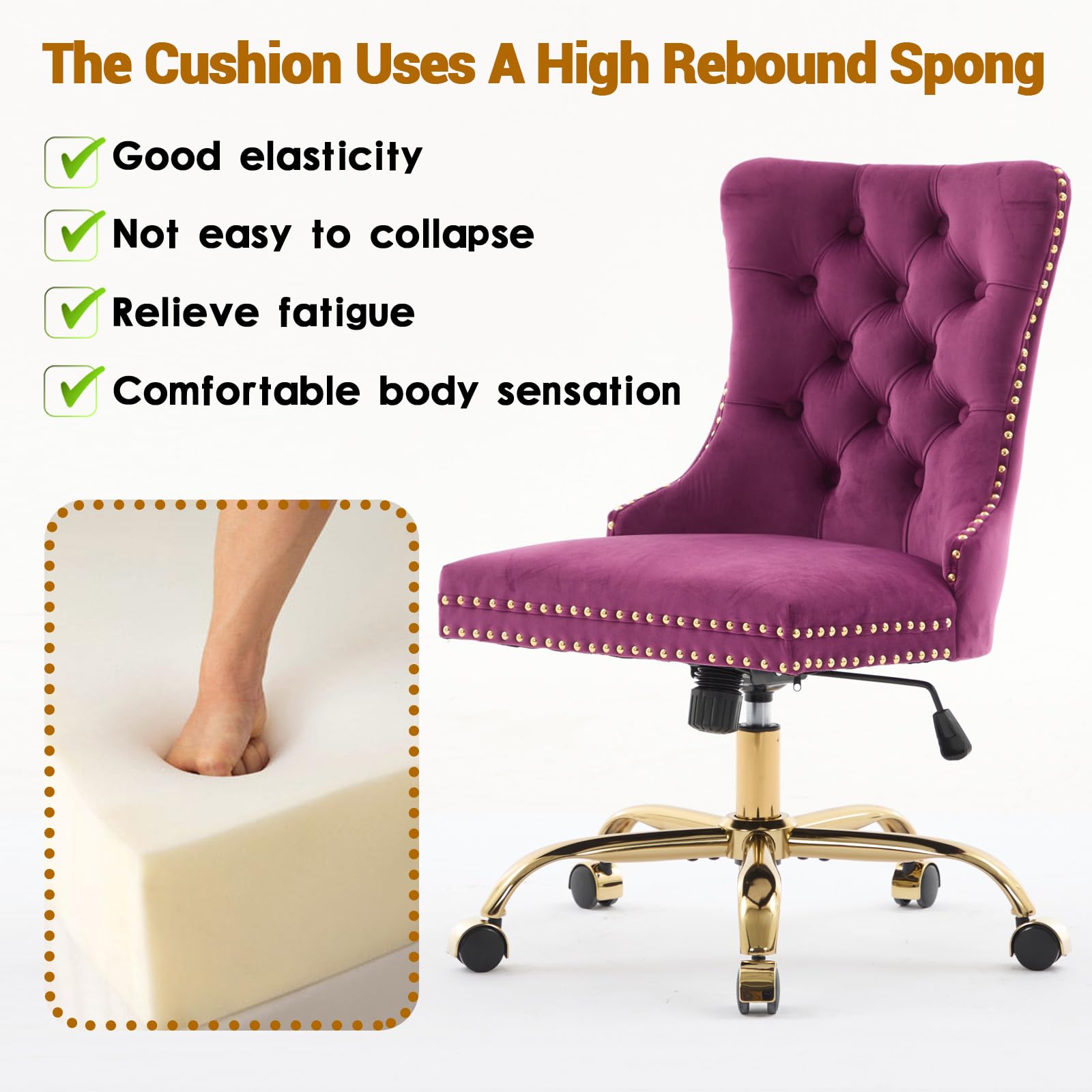 Velvet Tufted Office Chair – Adjustable Swivel Desk Chair with Gold Base & Soft Cushion