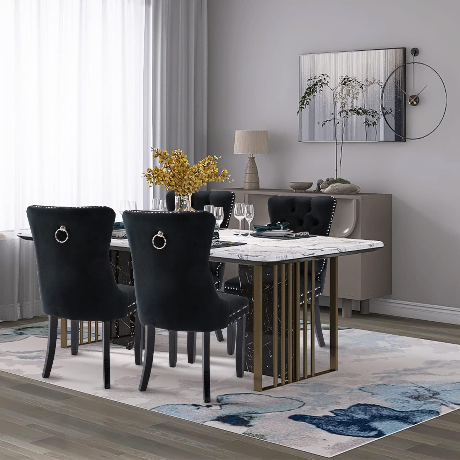 Modern Velvet Upholstered Dining Chairs Set of 2 with Nailhead Trim & Solid Wood Legs