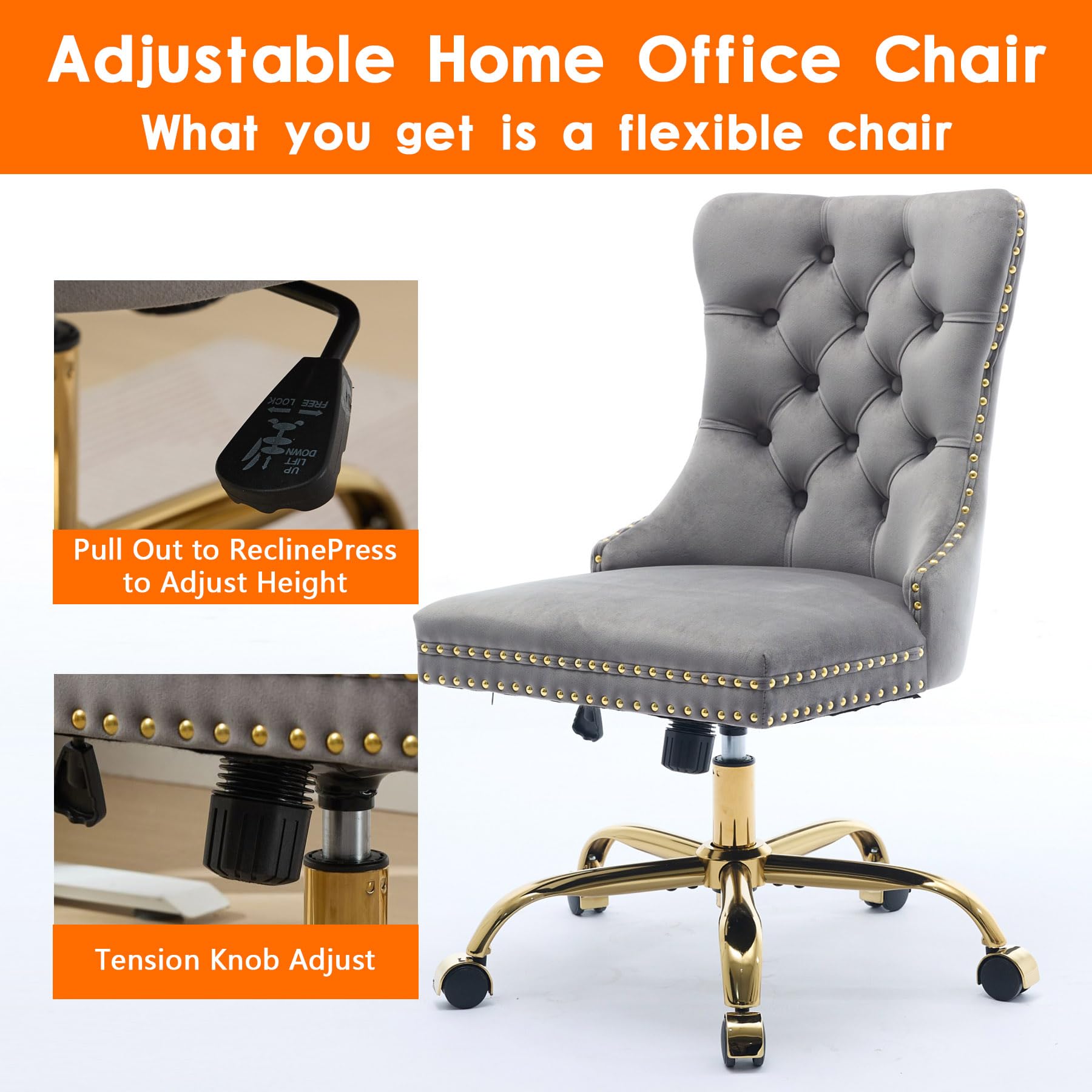 Velvet Tufted Office Chair – Adjustable Swivel Desk Chair with Gold Base & Soft Cushion