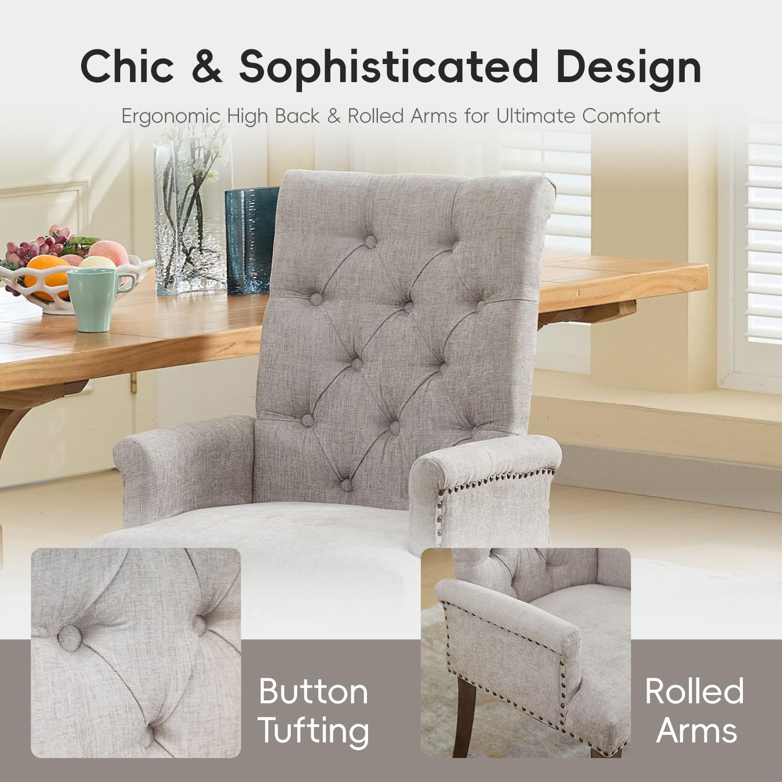Upholstered Chenille Tufted Dining Chair with Arms – Solid Wood Frame Accent Chair for Dining Room, Kitchen & Living Room
