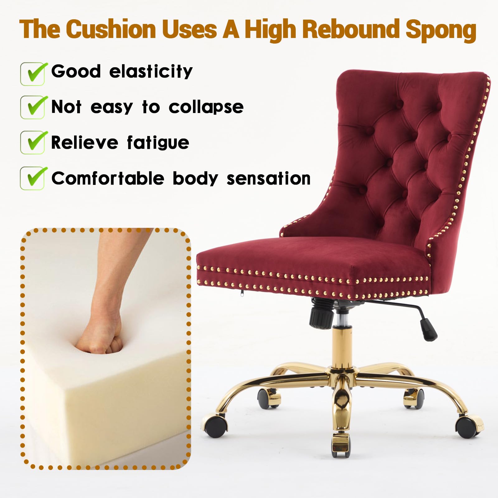 Velvet Tufted Office Chair – Adjustable Swivel Desk Chair with Gold Base & Soft Cushion