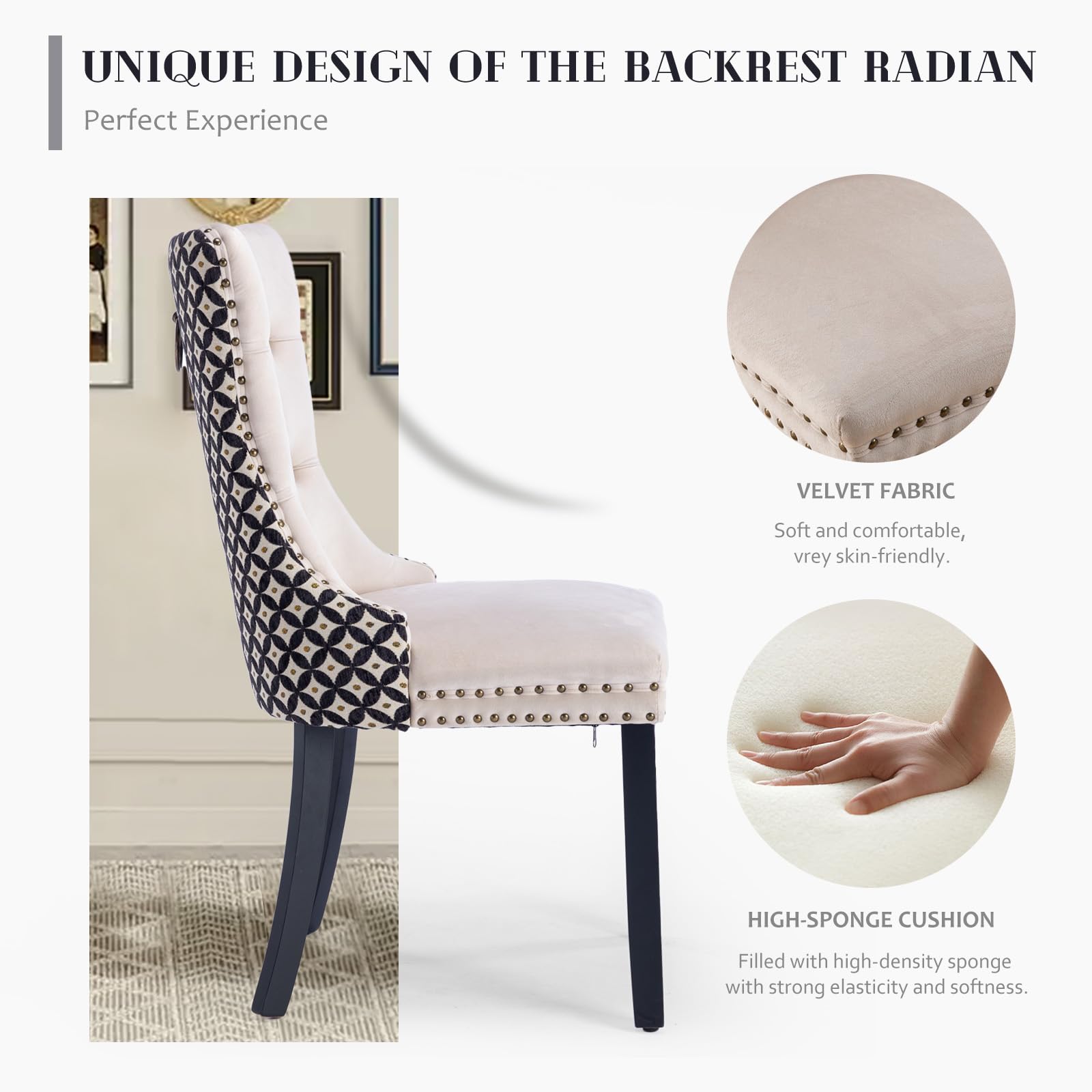 Modern Velvet Upholstered Dining Chairs Set of 2 with Nailhead Trim & Solid Wood Legs