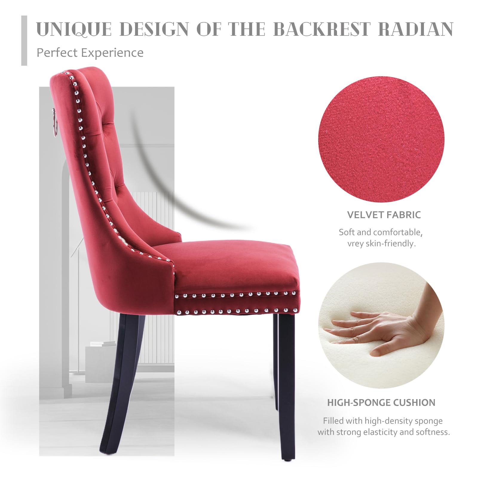 Modern Velvet Upholstered Dining Chairs Set of 2 with Nailhead Trim & Solid Wood Legs