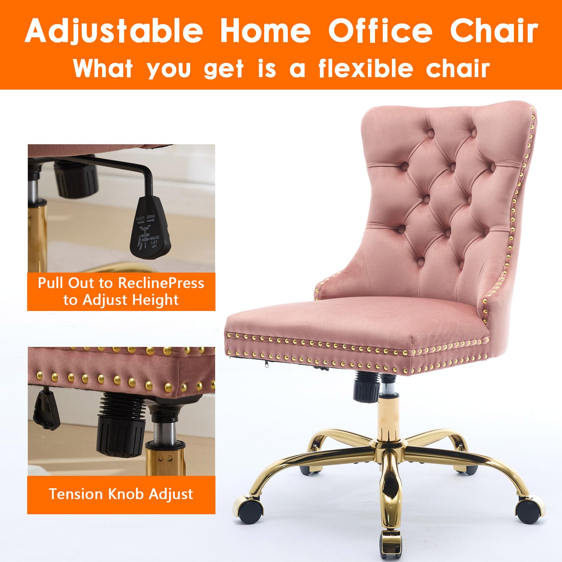 Velvet Tufted Office Chair – Adjustable Swivel Desk Chair with Gold Base & Soft Cushion
