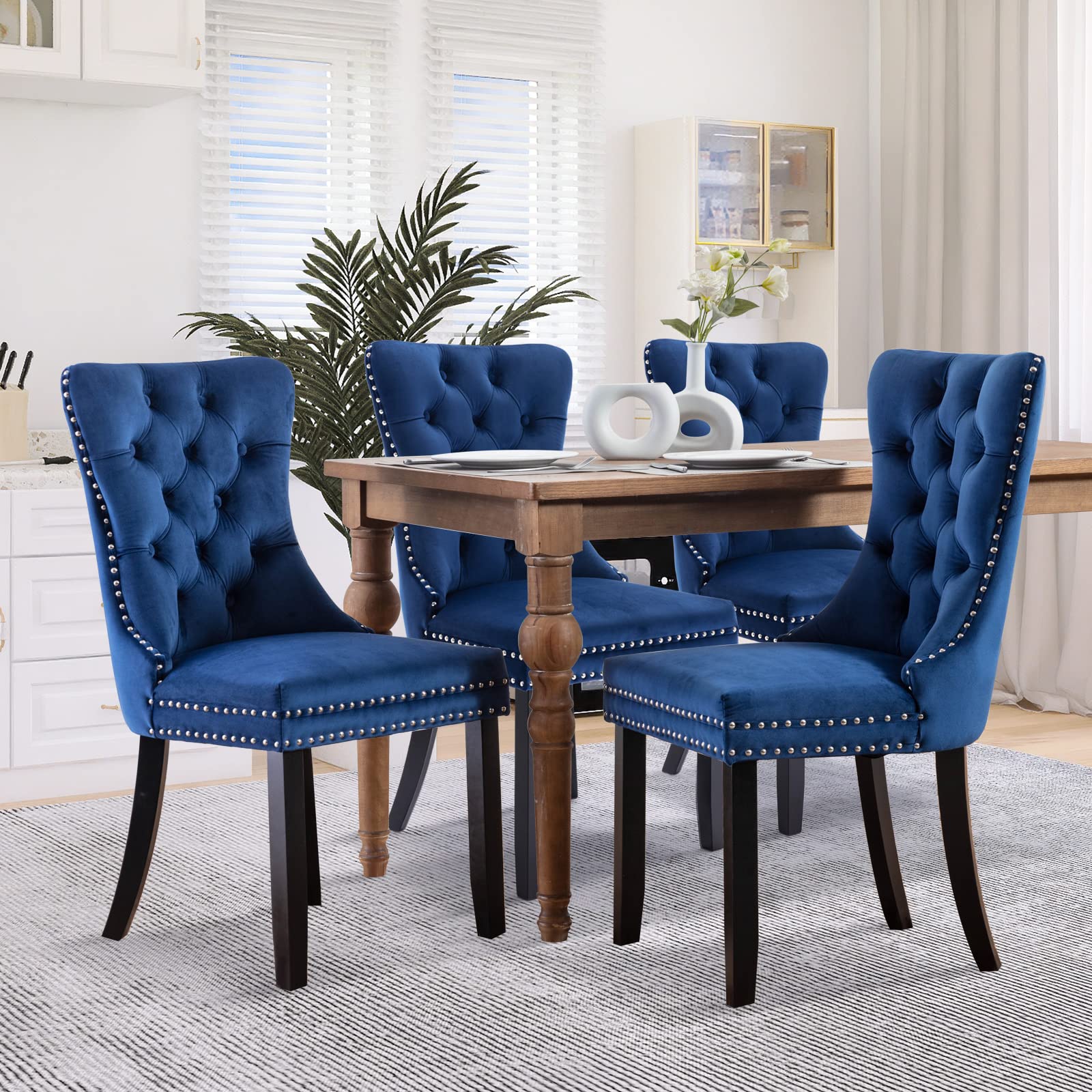 Modern Velvet Upholstered Dining Chairs Set of 2 with Nailhead Trim & Solid Wood Legs