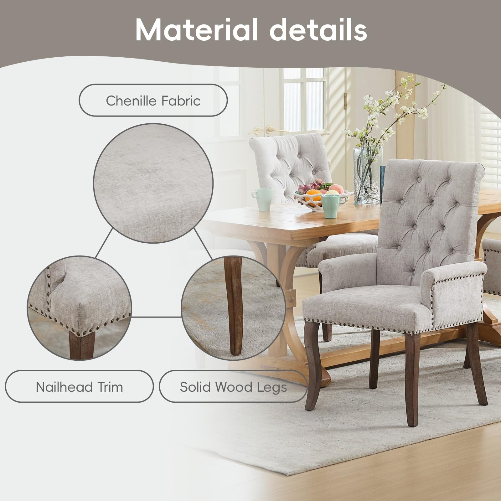 Upholstered Chenille Tufted Dining Chair with Arms – Solid Wood Frame Accent Chair for Dining Room, Kitchen & Living Room