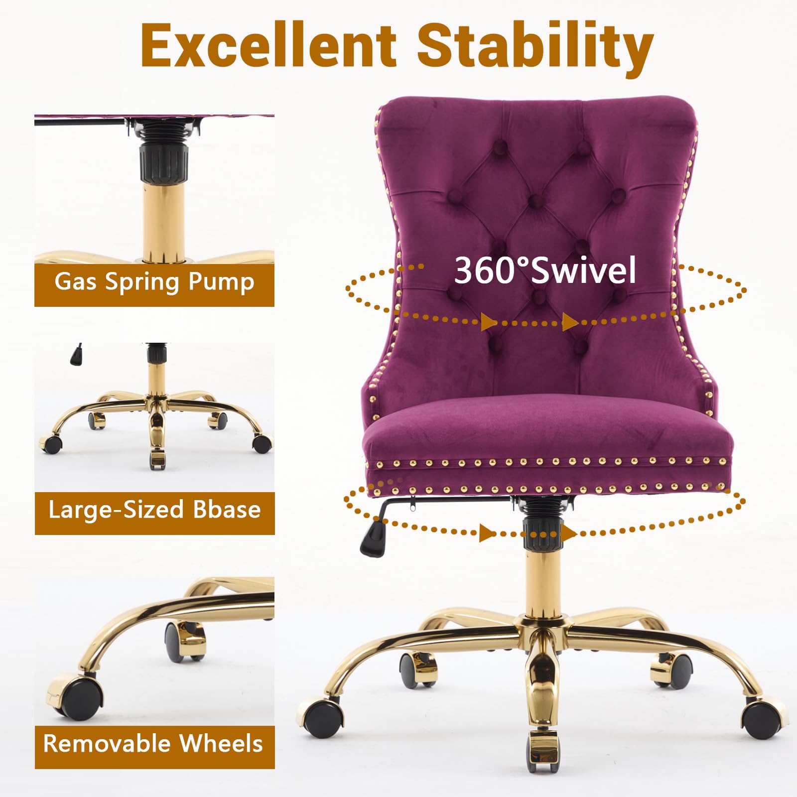 Velvet Tufted Office Chair – Adjustable Swivel Desk Chair with Gold Base & Soft Cushion