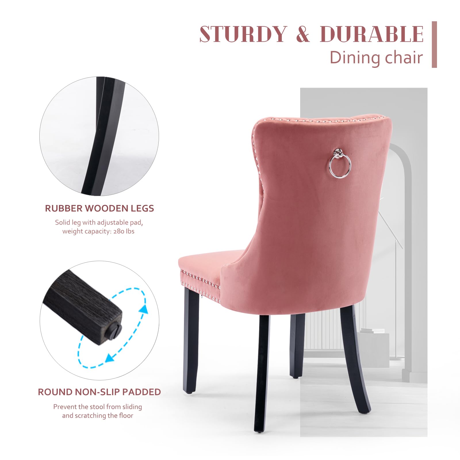 Modern Velvet Upholstered Dining Chairs Set of 2 with Nailhead Trim & Solid Wood Legs