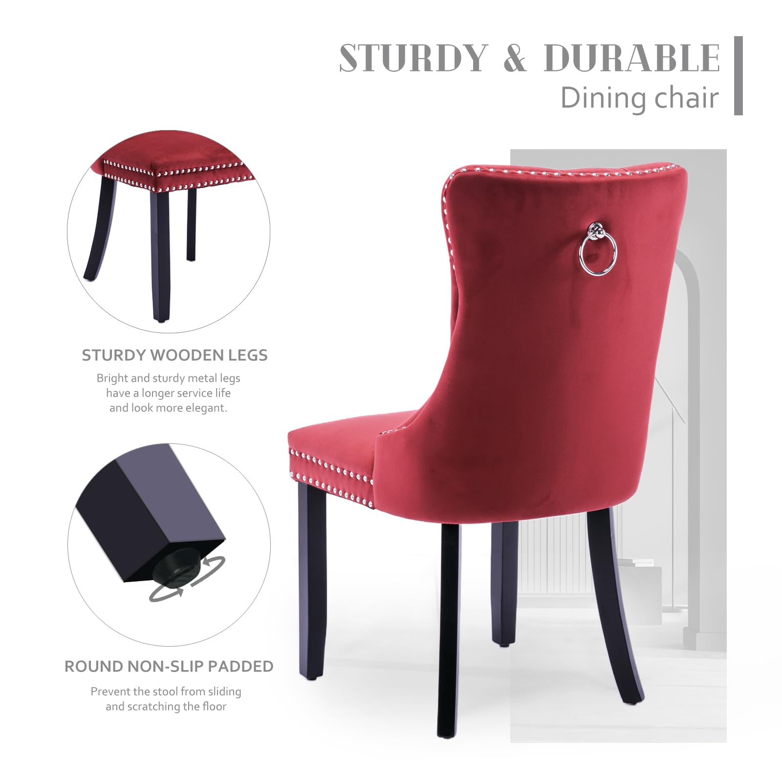 Modern Velvet Upholstered Dining Chairs Set of 2 with Nailhead Trim & Solid Wood Legs