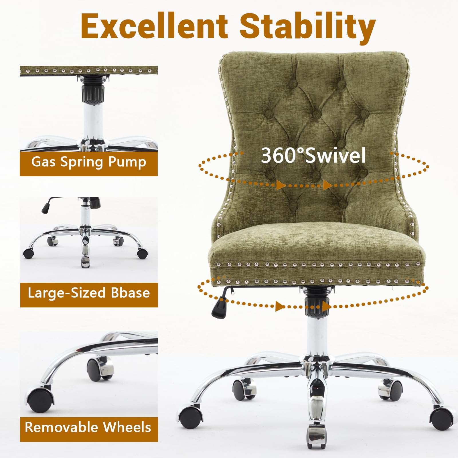 Velvet Tufted Office Chair – Adjustable Swivel Desk Chair with Gold Base & Soft Cushion