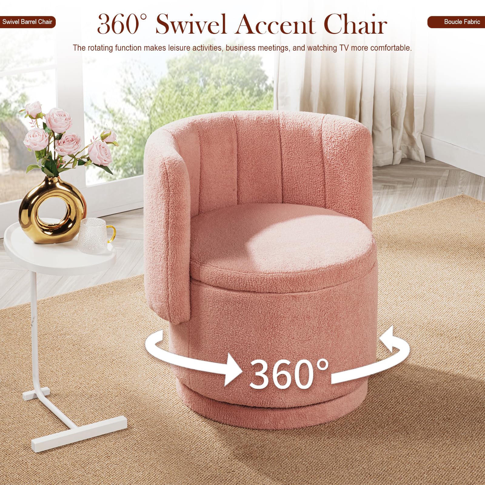 Modern 360° Swivel Accent Chair with Storage – Bouclé Barrel Chair for Living Room or Bedroom