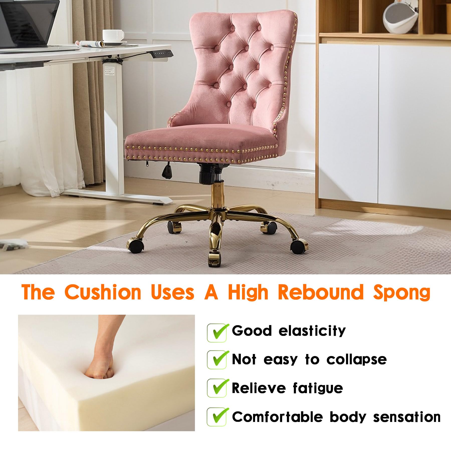 Velvet Tufted Office Chair – Adjustable Swivel Desk Chair with Gold Base & Soft Cushion