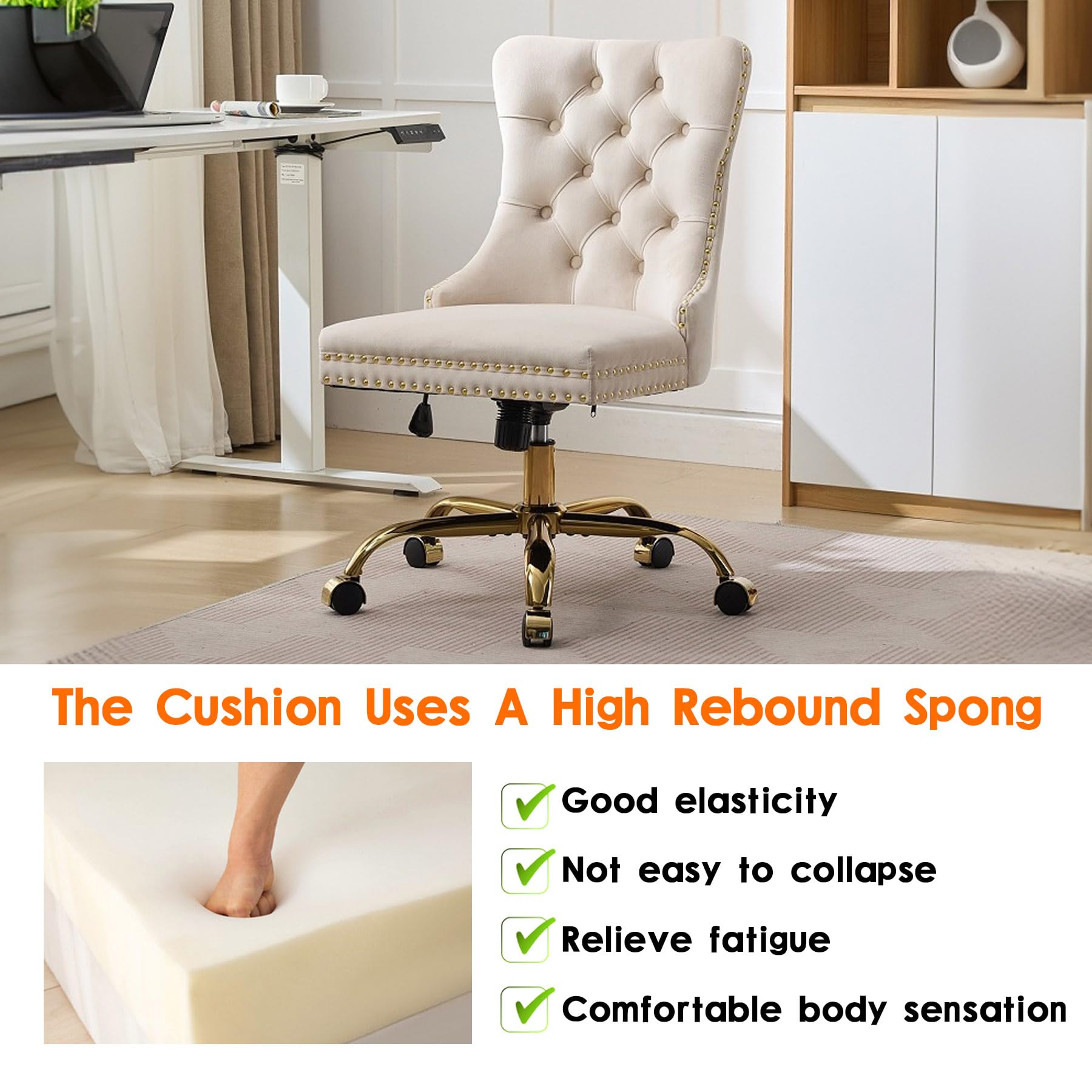 Velvet Tufted Office Chair – Adjustable Swivel Desk Chair with Gold Base & Soft Cushion