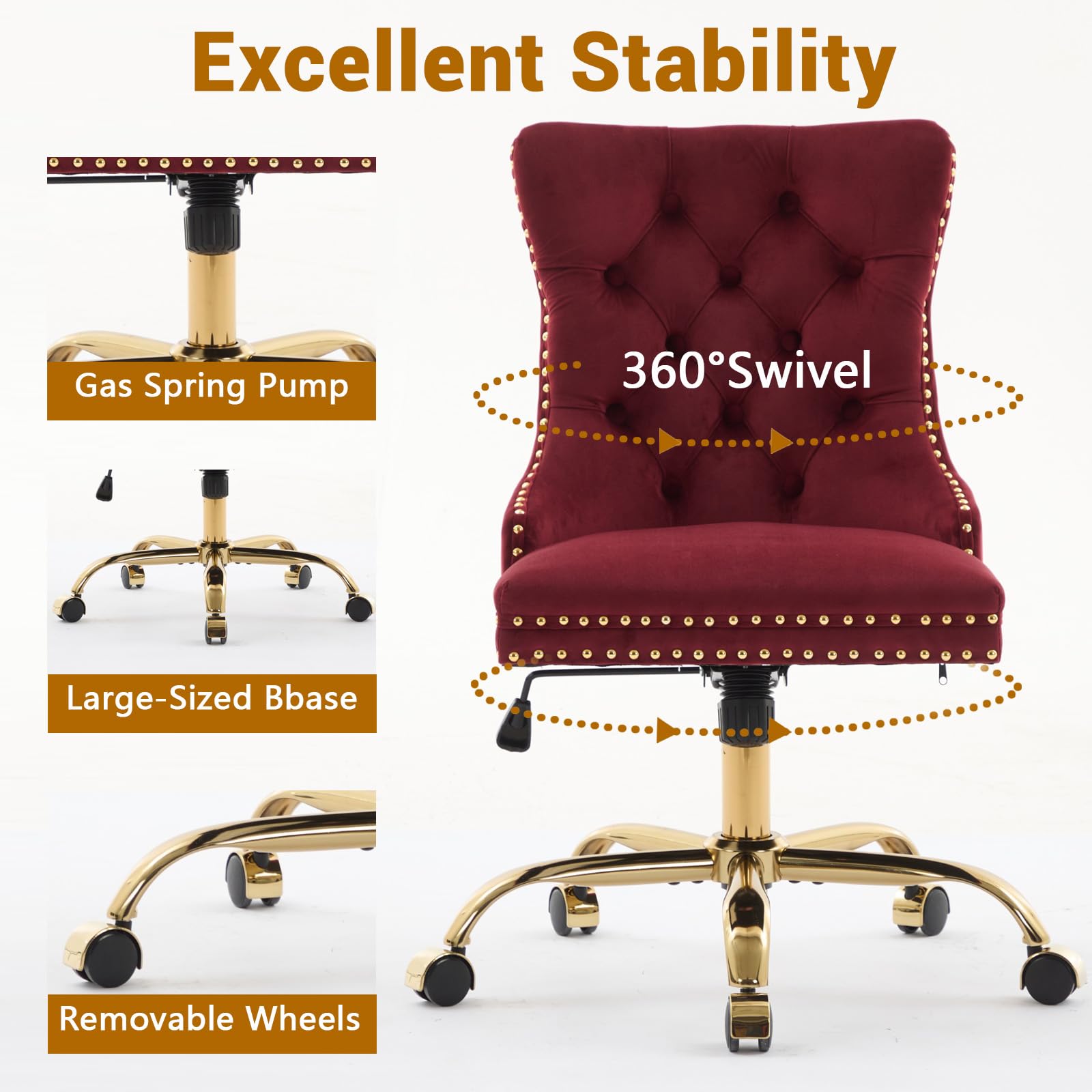Velvet Tufted Office Chair – Adjustable Swivel Desk Chair with Gold Base & Soft Cushion