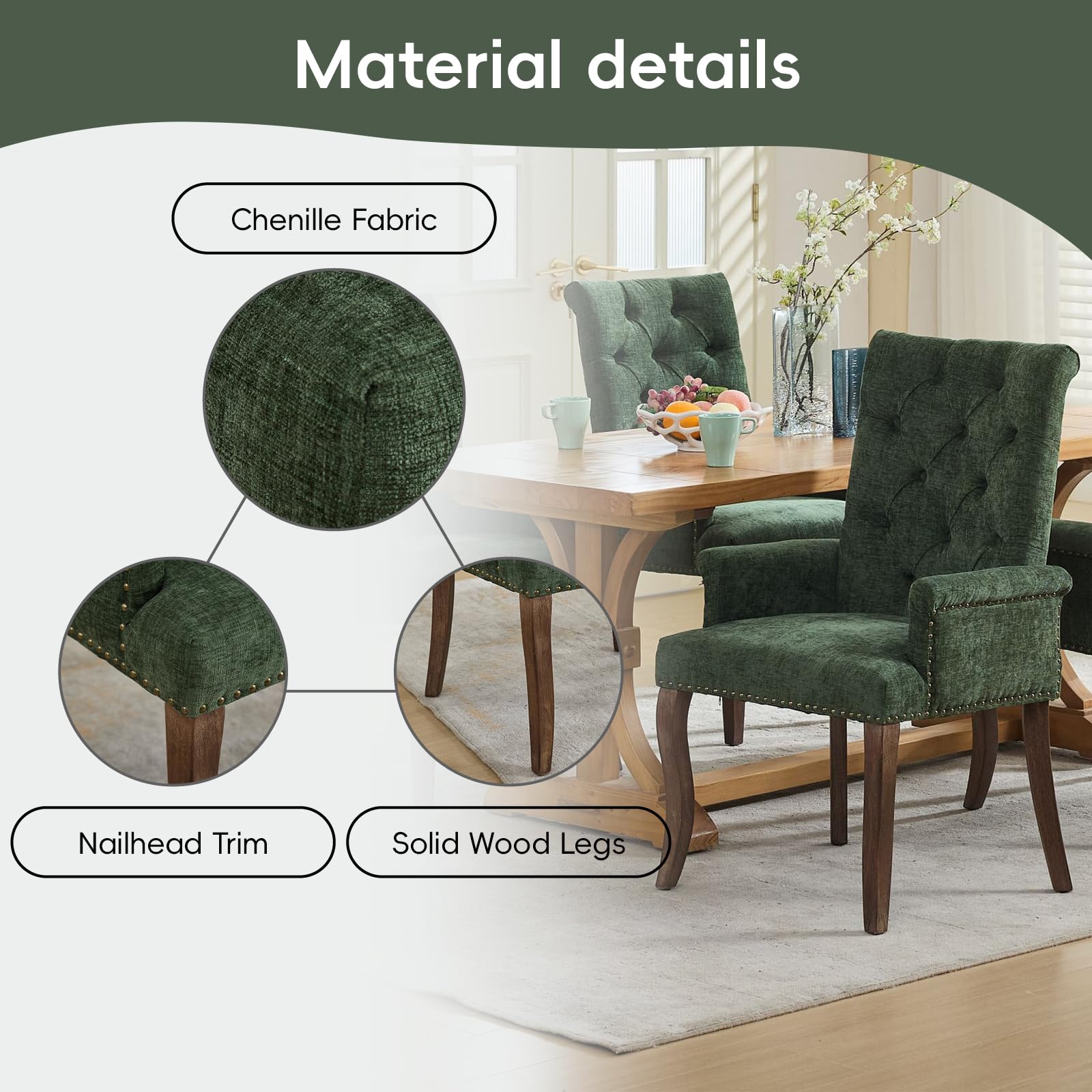 Upholstered Chenille Tufted Dining Chair with Arms – Solid Wood Frame Accent Chair for Dining Room, Kitchen & Living Room