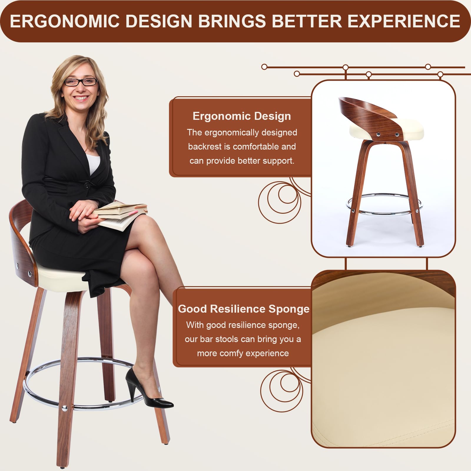 Walnut Low Back Swivel Bar Stools Set of 2