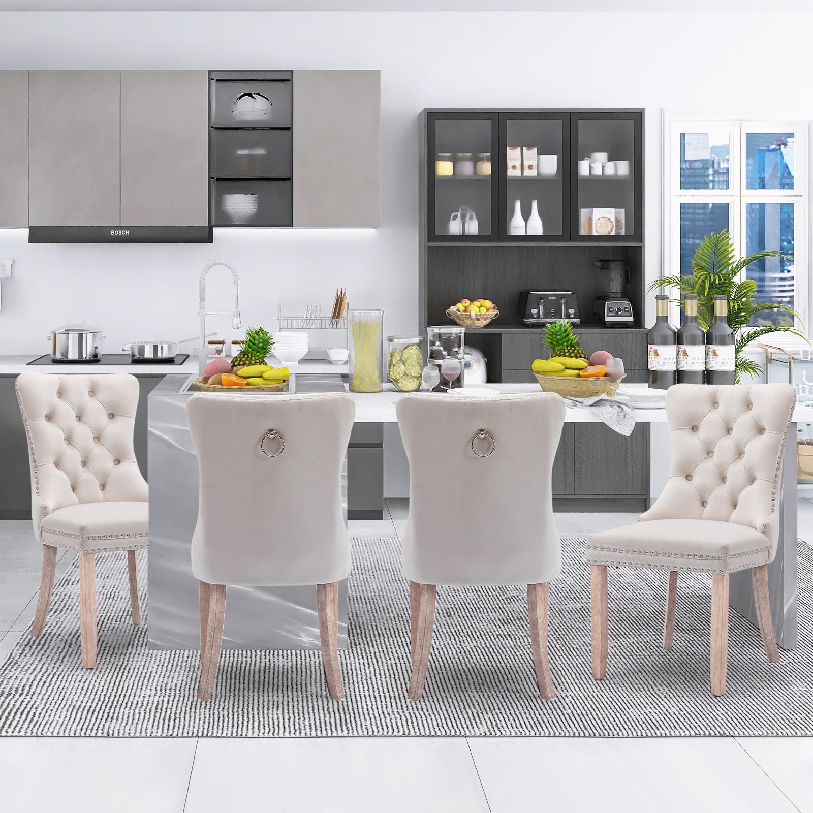 Modern Velvet Upholstered Dining Chairs Set of 2 with Nailhead Trim & Solid Wood Legs