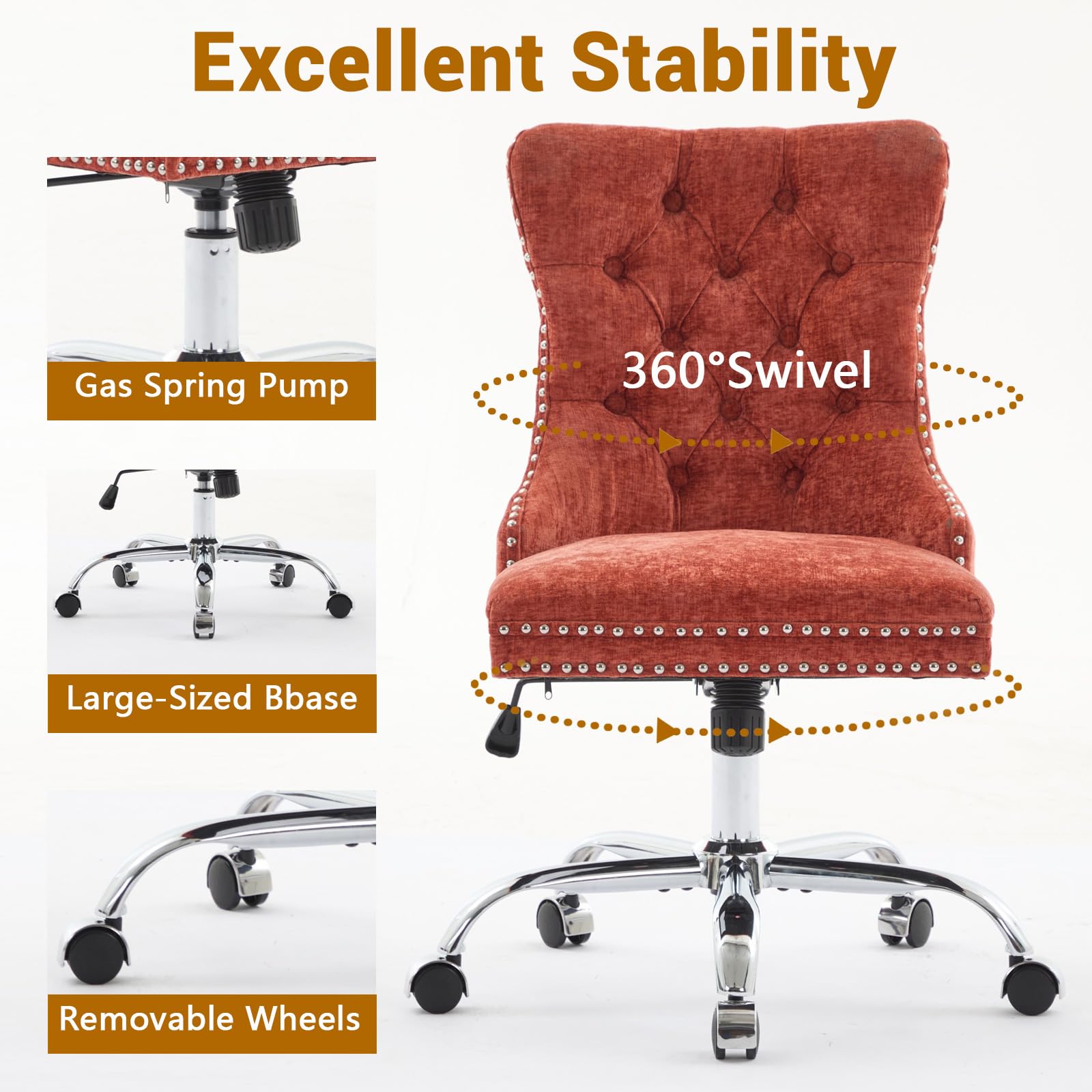 Velvet Tufted Office Chair – Adjustable Swivel Desk Chair with Gold Base & Soft Cushion
