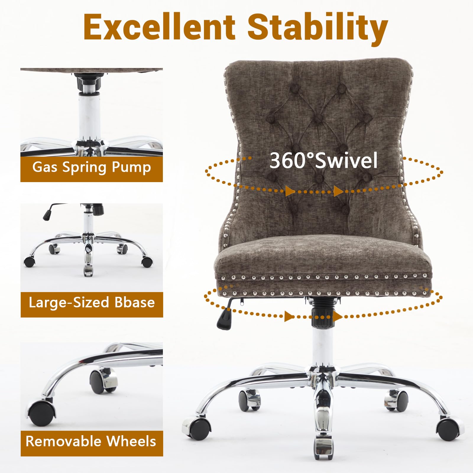 Velvet Tufted Office Chair – Adjustable Swivel Desk Chair with Gold Base & Soft Cushion