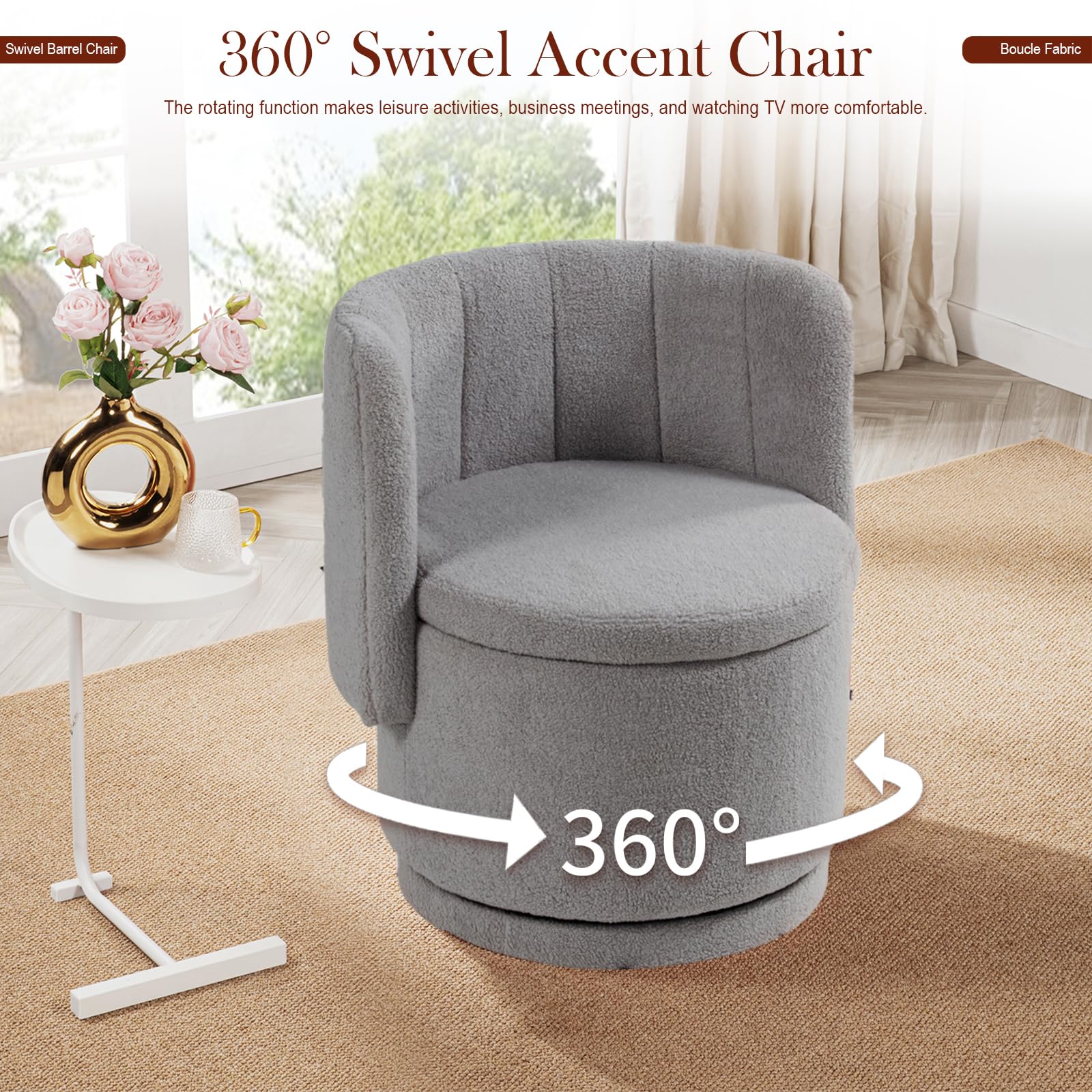Modern 360° Swivel Accent Chair with Storage – Bouclé Barrel Chair for Living Room or Bedroom