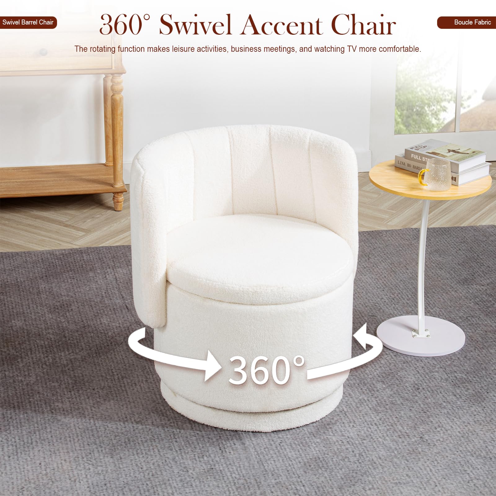 Modern 360° Swivel Accent Chair with Storage – Bouclé Barrel Chair for Living Room or Bedroom