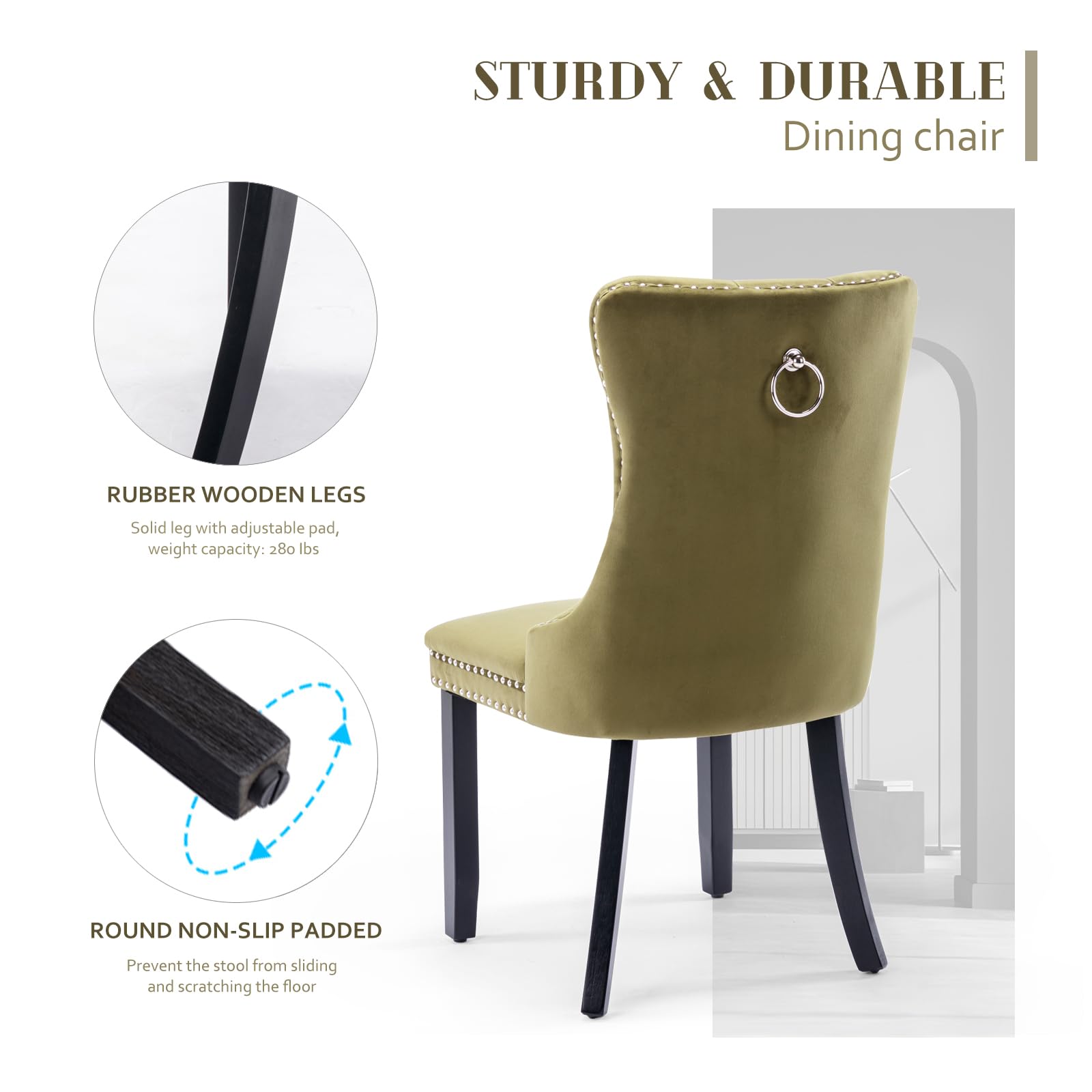 Modern Velvet Upholstered Dining Chairs Set of 2 with Nailhead Trim & Solid Wood Legs