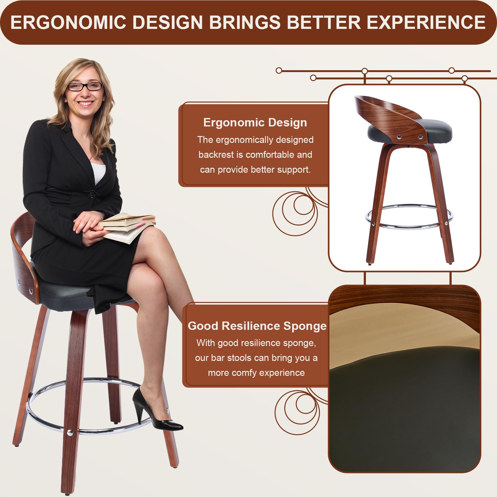 Walnut Low Back Swivel Bar Stools Set of 2