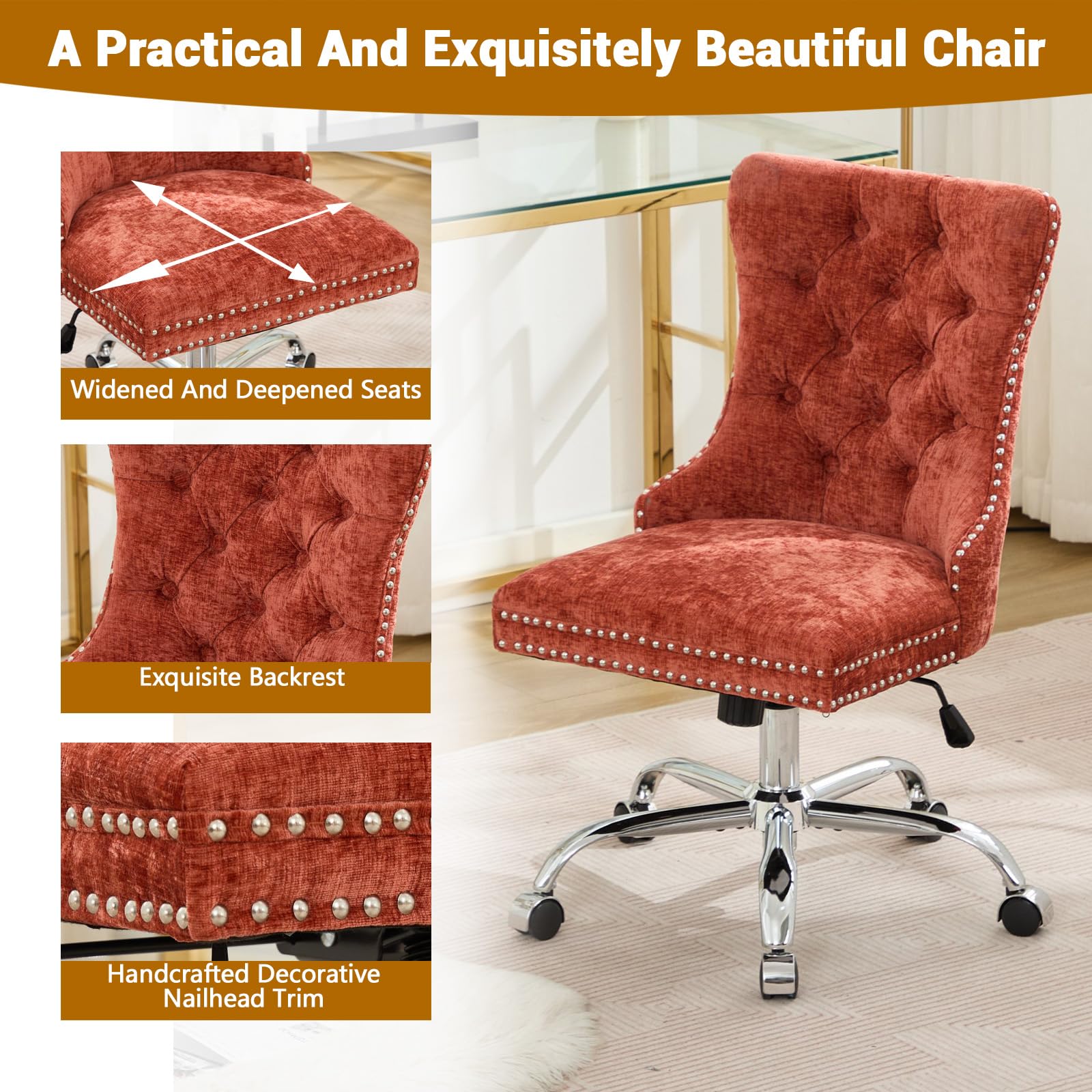 Velvet Tufted Office Chair – Adjustable Swivel Desk Chair with Gold Base & Soft Cushion