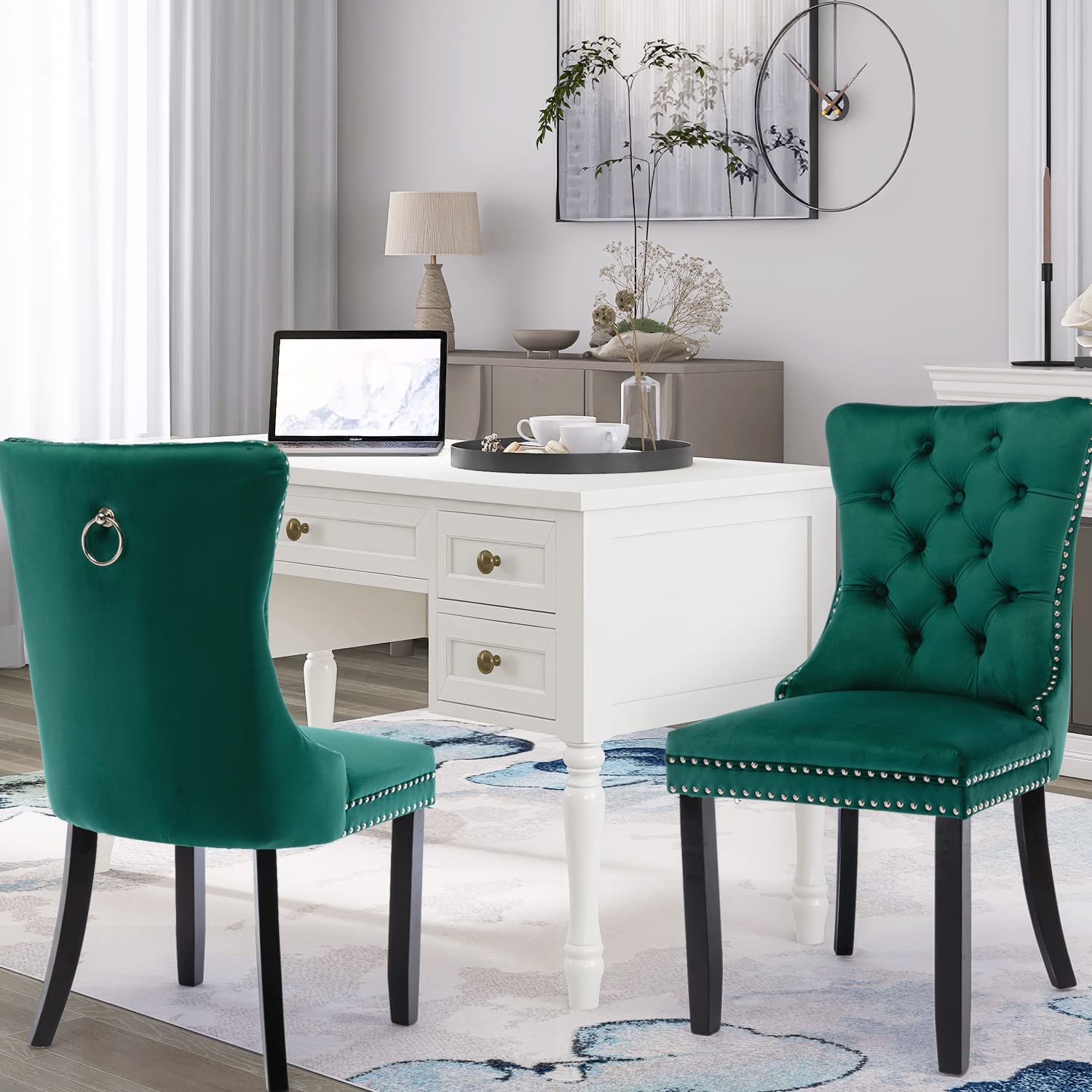 Modern Velvet Upholstered Dining Chairs Set of 2 with Nailhead Trim & Solid Wood Legs