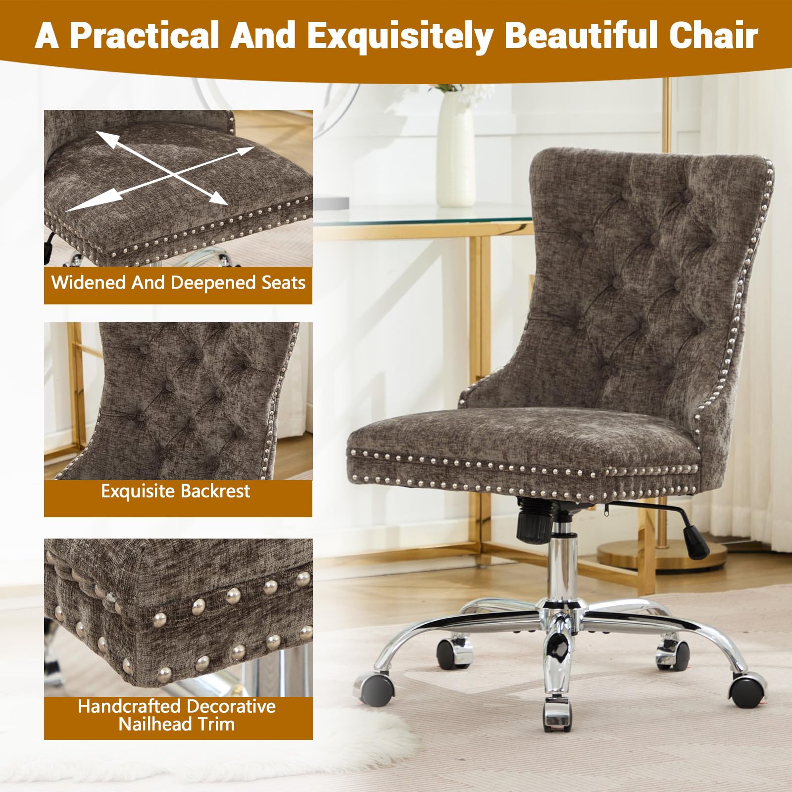 Velvet Tufted Office Chair – Adjustable Swivel Desk Chair with Gold Base & Soft Cushion
