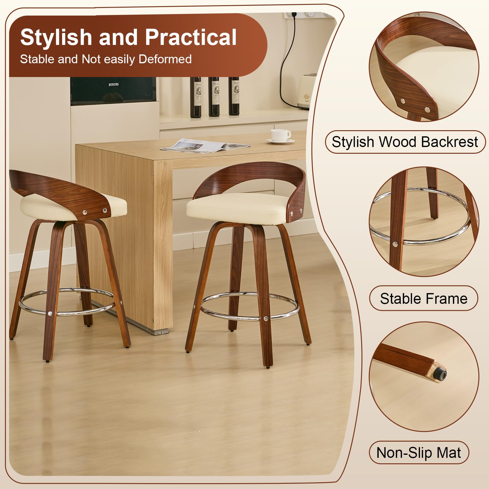 Walnut Low Back Swivel Bar Stools Set of 2