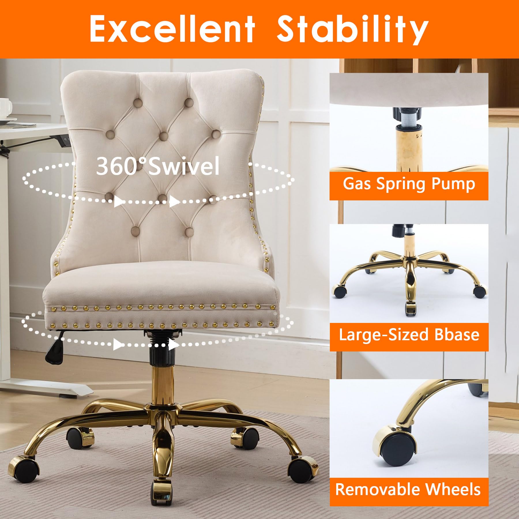 Velvet Tufted Office Chair – Adjustable Swivel Desk Chair with Gold Base & Soft Cushion