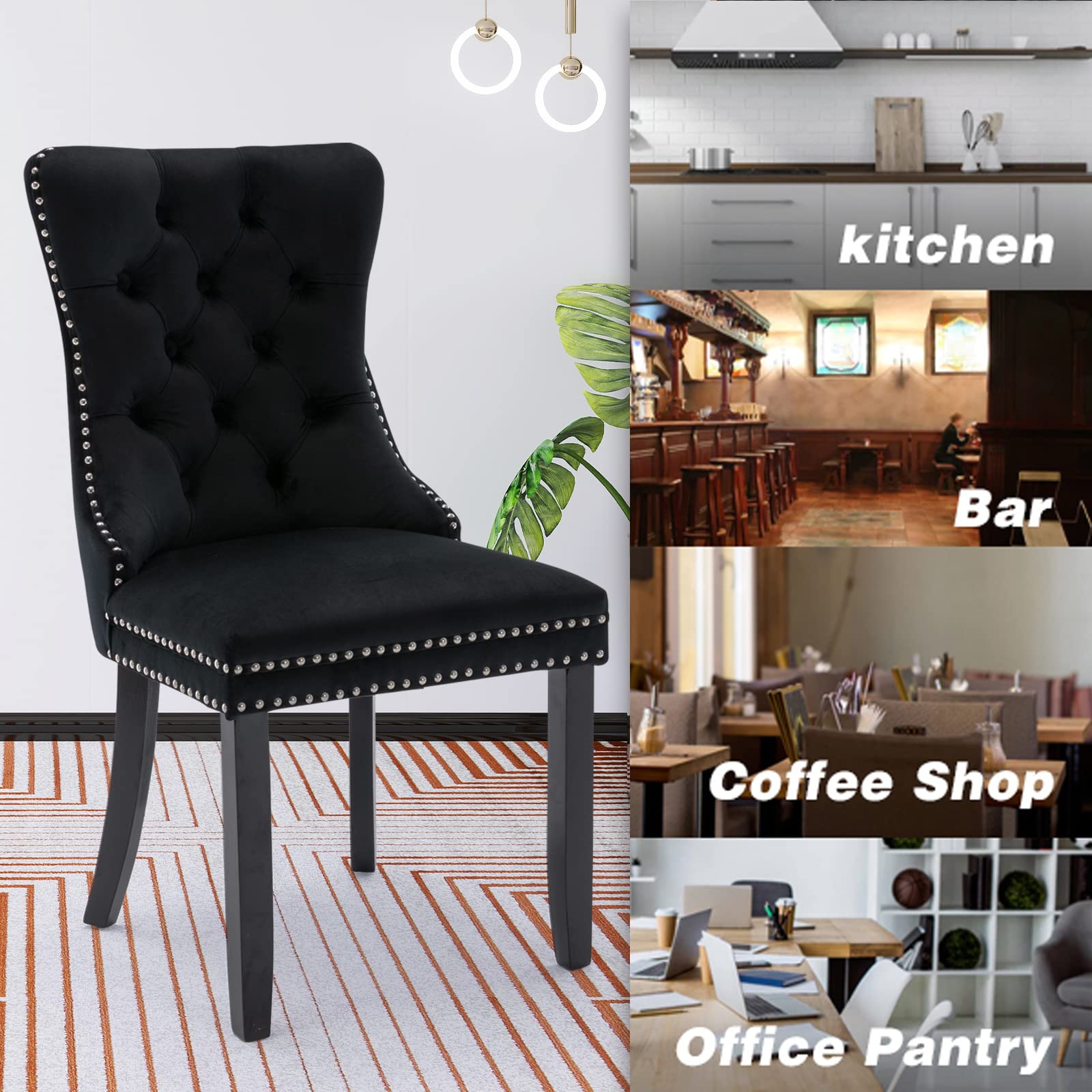 Modern Velvet Upholstered Dining Chairs Set of 2 with Nailhead Trim & Solid Wood Legs