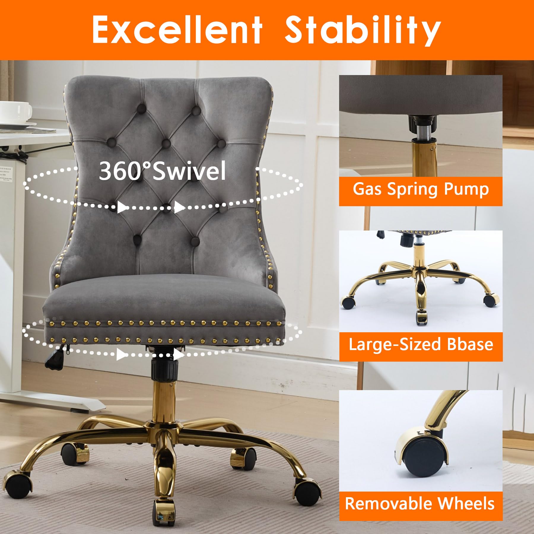 Velvet Tufted Office Chair – Adjustable Swivel Desk Chair with Gold Base & Soft Cushion