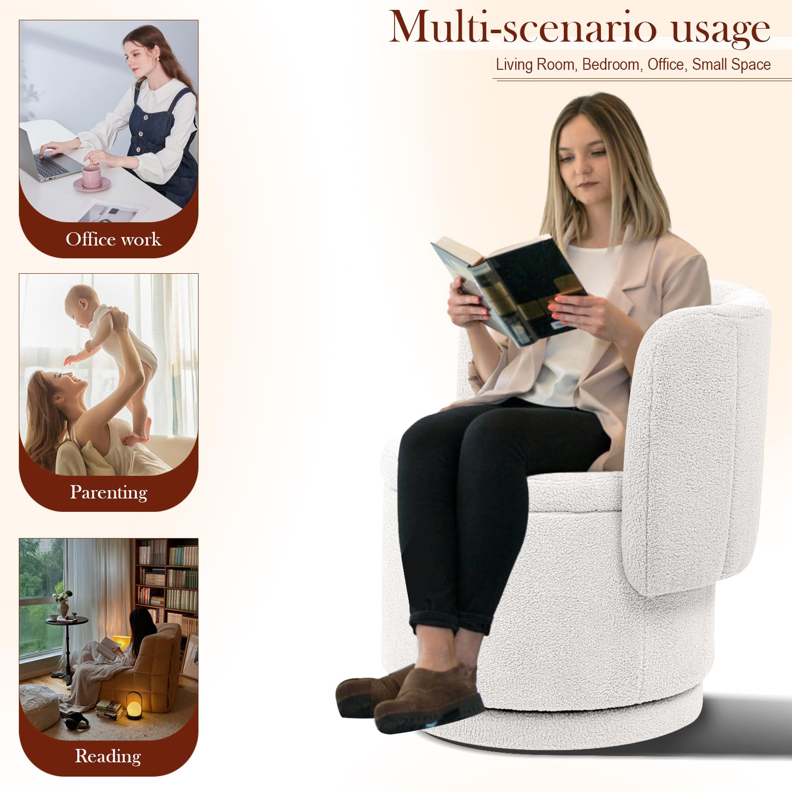 Modern 360° Swivel Accent Chair with Storage – Bouclé Barrel Chair for Living Room or Bedroom