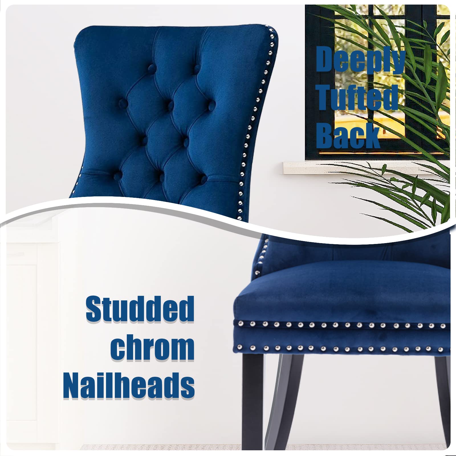Modern Velvet Upholstered Dining Chairs Set of 2 with Nailhead Trim & Solid Wood Legs