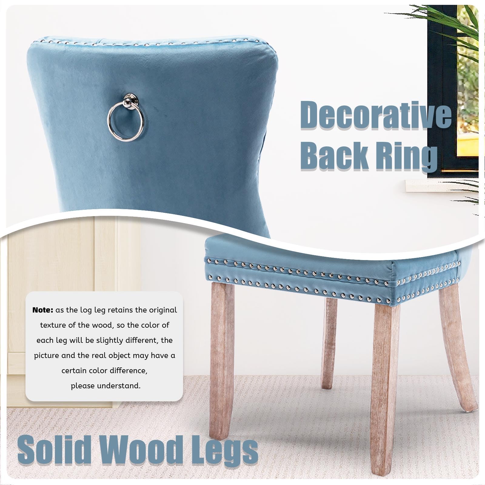 Modern Velvet Upholstered Dining Chairs Set of 2 with Nailhead Trim & Solid Wood Legs