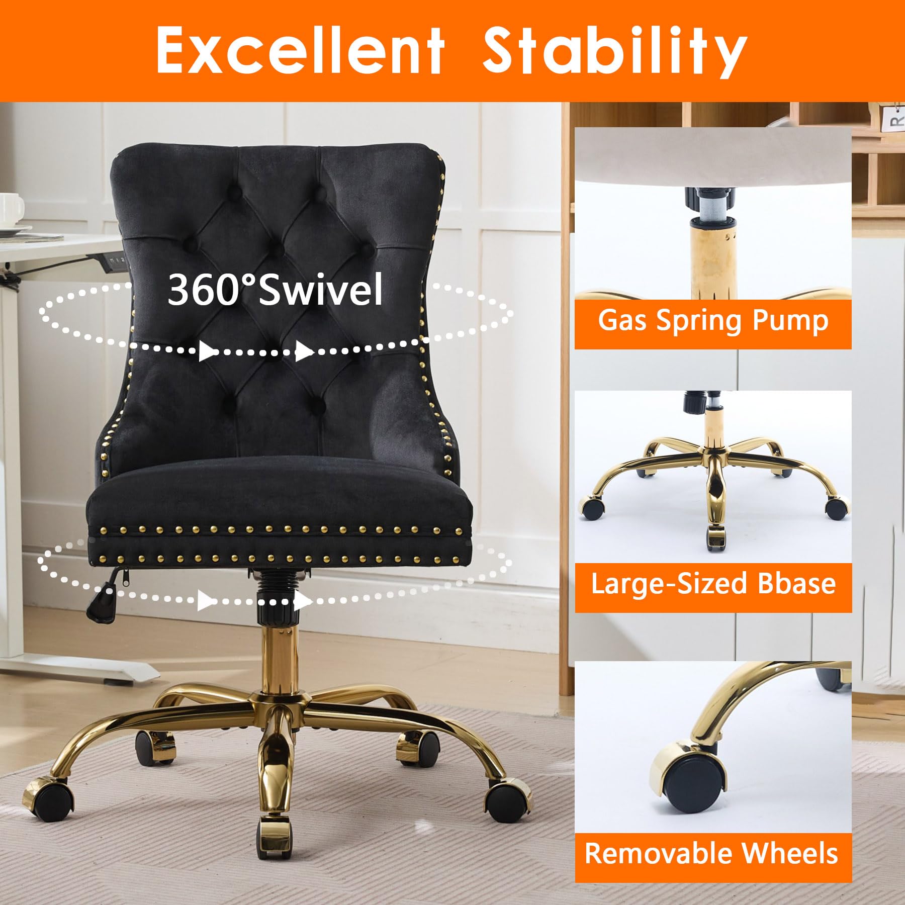 Velvet Tufted Office Chair – Adjustable Swivel Desk Chair with Gold Base & Soft Cushion