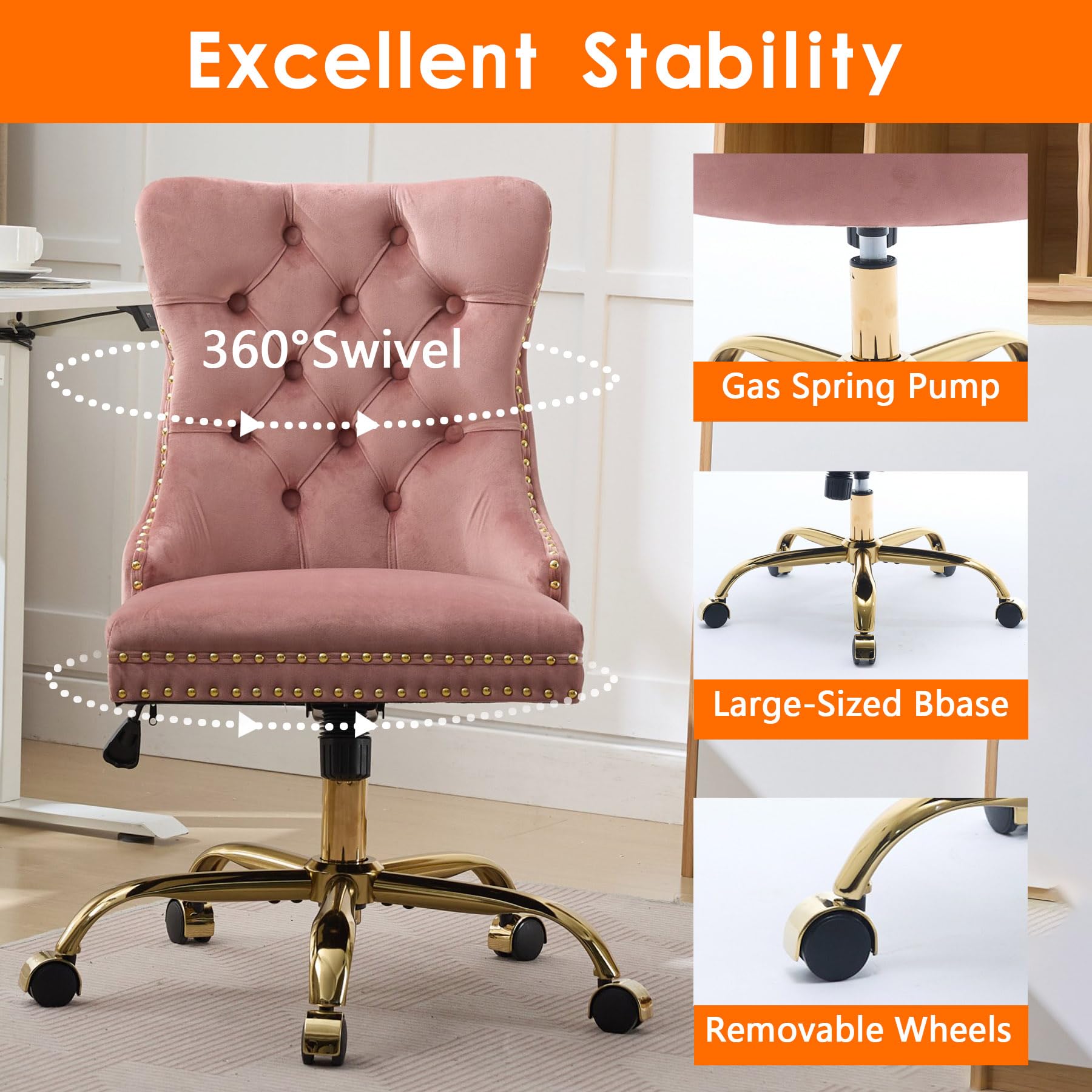 Velvet Tufted Office Chair – Adjustable Swivel Desk Chair with Gold Base & Soft Cushion