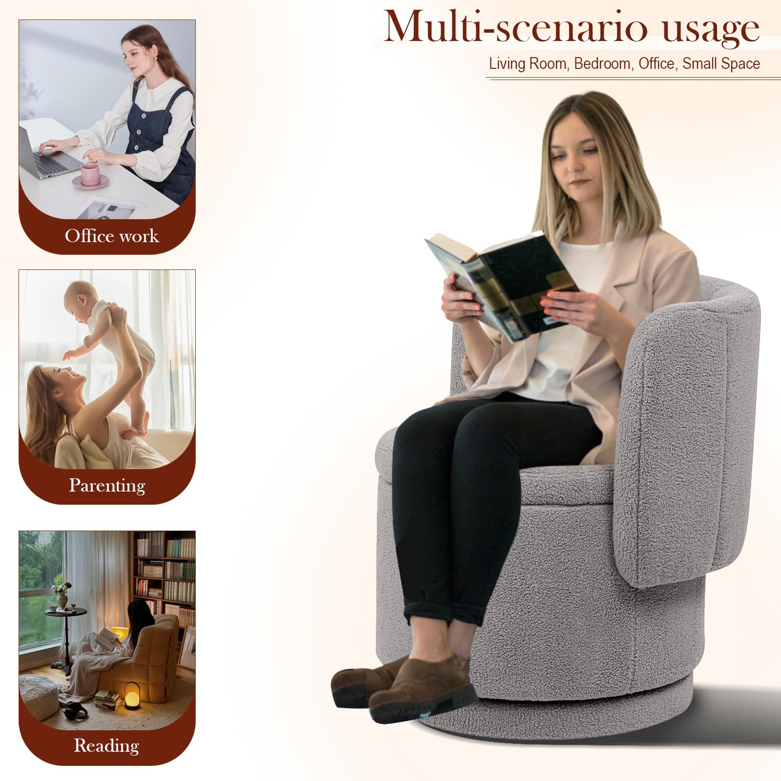 Modern 360° Swivel Accent Chair with Storage – Bouclé Barrel Chair for Living Room or Bedroom