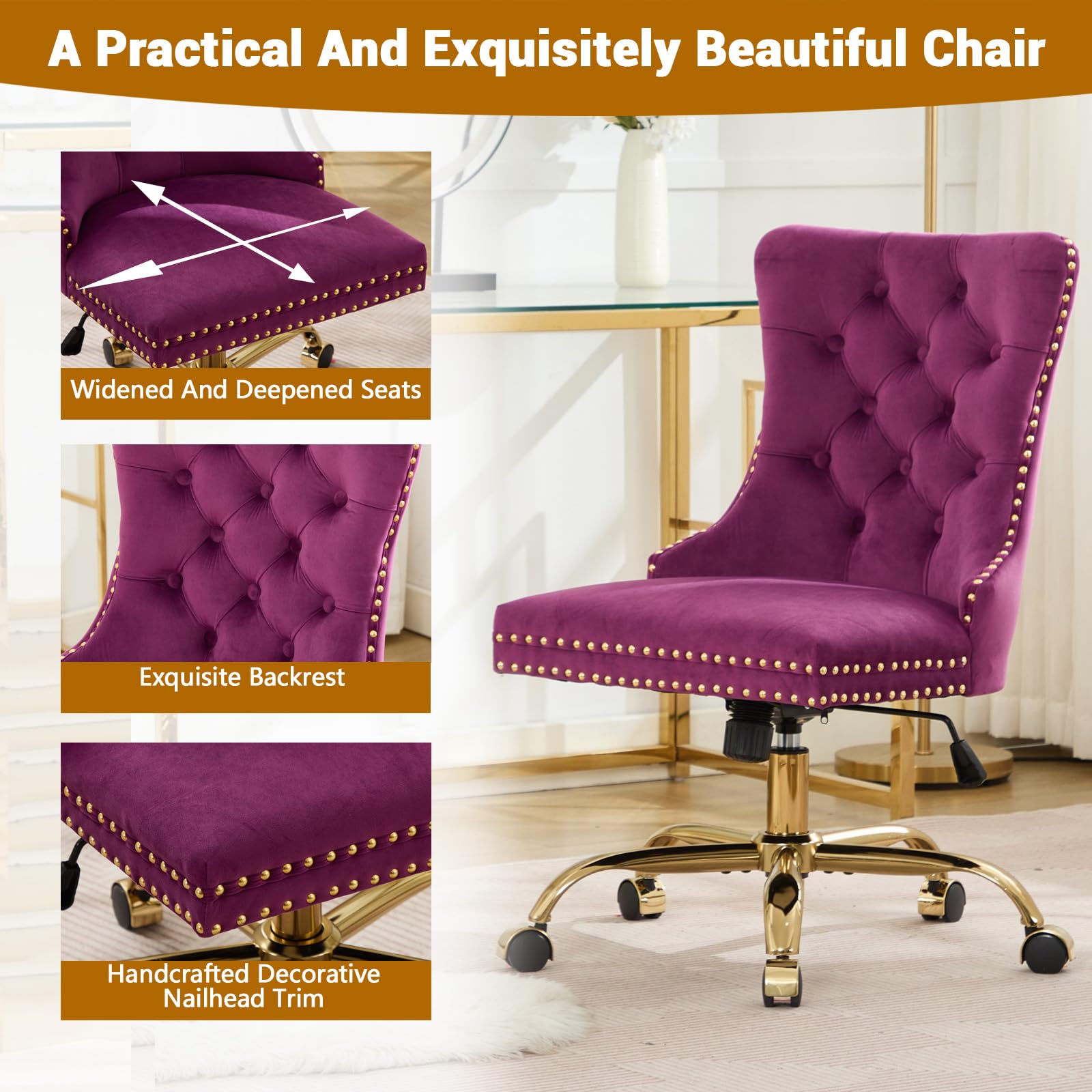 Velvet Tufted Office Chair – Adjustable Swivel Desk Chair with Gold Base & Soft Cushion