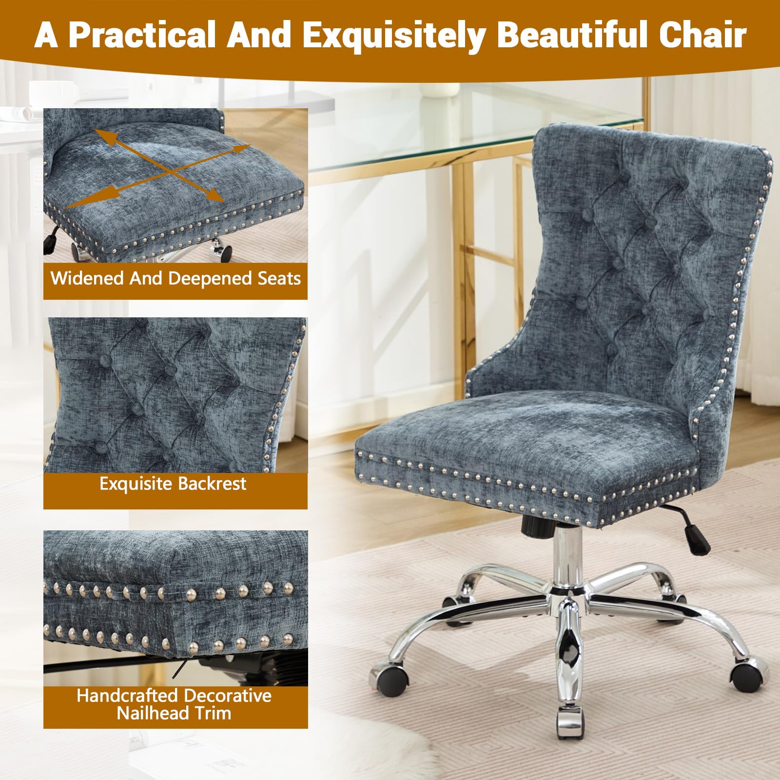 Velvet Tufted Office Chair – Adjustable Swivel Desk Chair with Gold Base & Soft Cushion