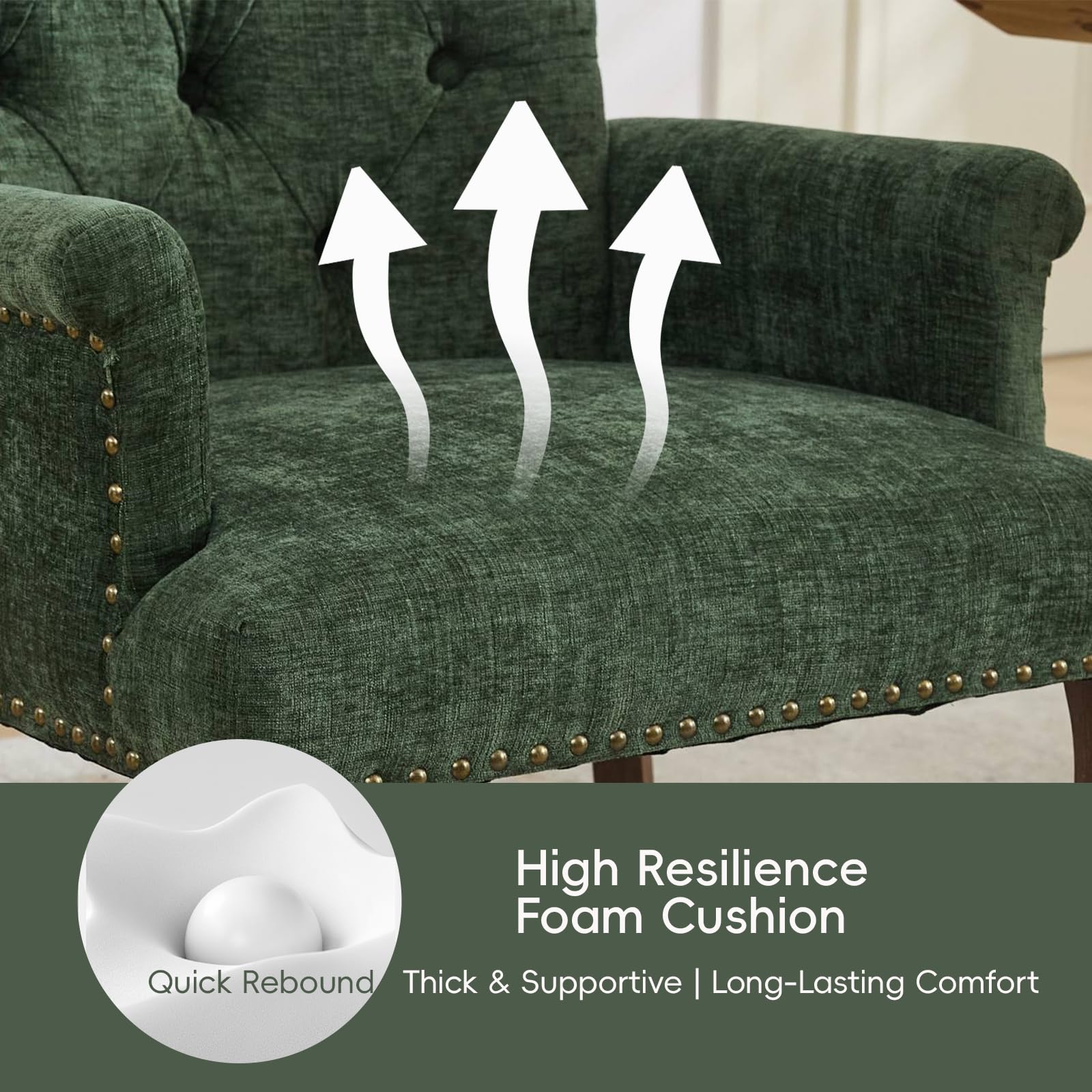 Upholstered Chenille Tufted Dining Chair with Arms – Solid Wood Frame Accent Chair for Dining Room, Kitchen & Living Room