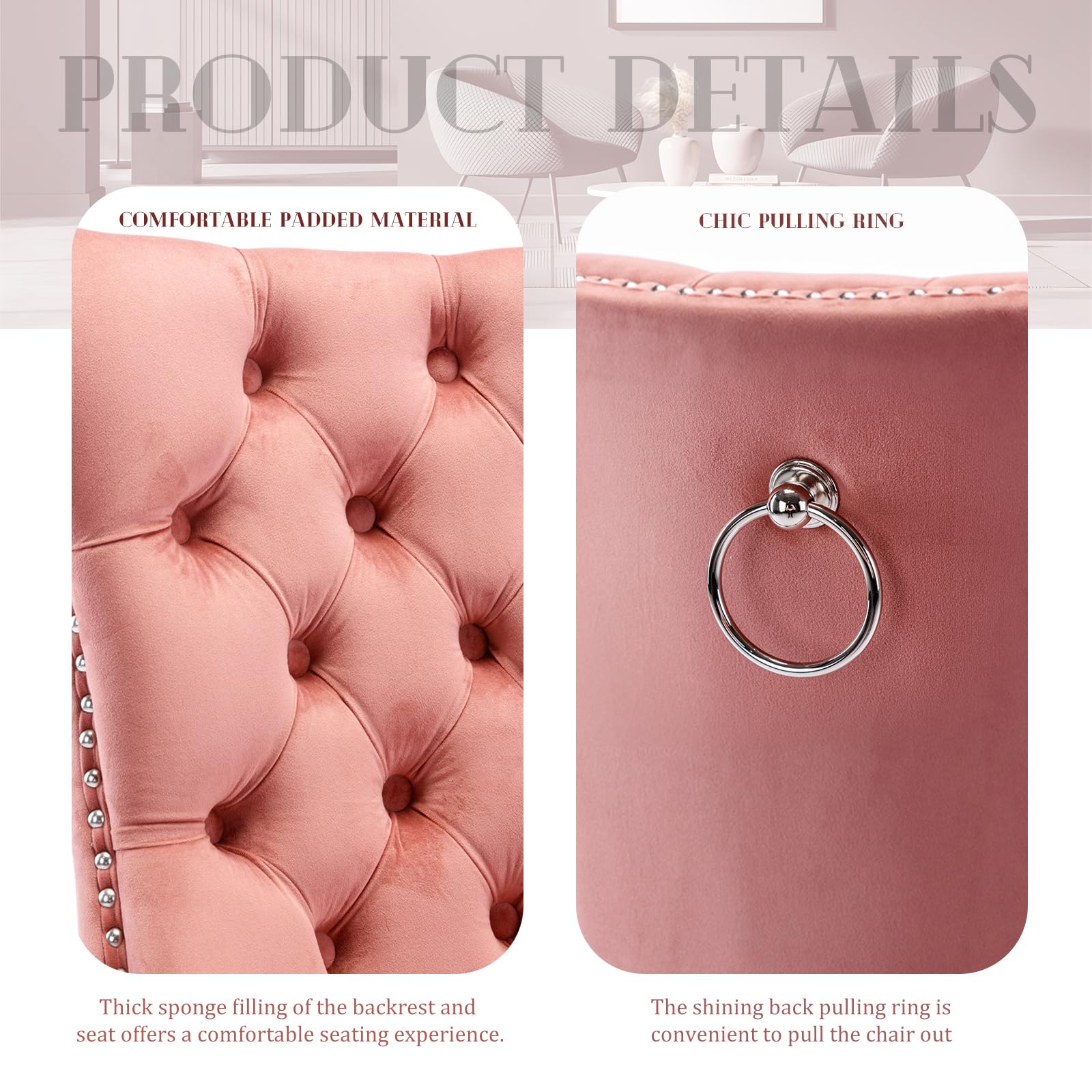 Modern Velvet Upholstered Dining Chairs Set of 2 with Nailhead Trim & Solid Wood Legs