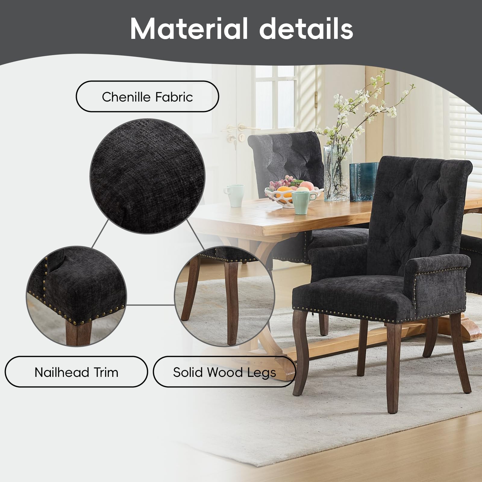 Upholstered Chenille Tufted Dining Chair with Arms – Solid Wood Frame Accent Chair for Dining Room, Kitchen & Living Room