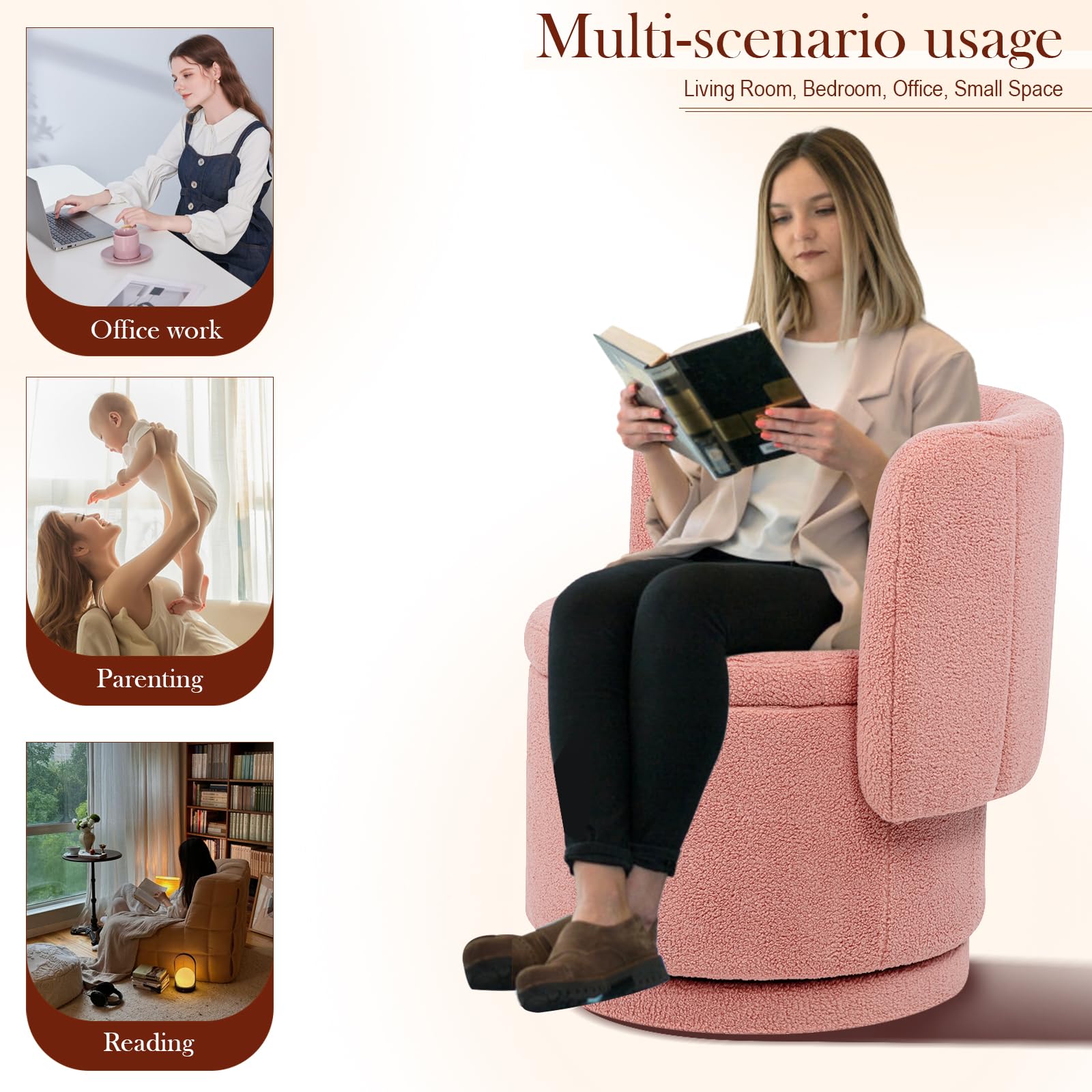 Modern 360° Swivel Accent Chair with Storage – Bouclé Barrel Chair for Living Room or Bedroom