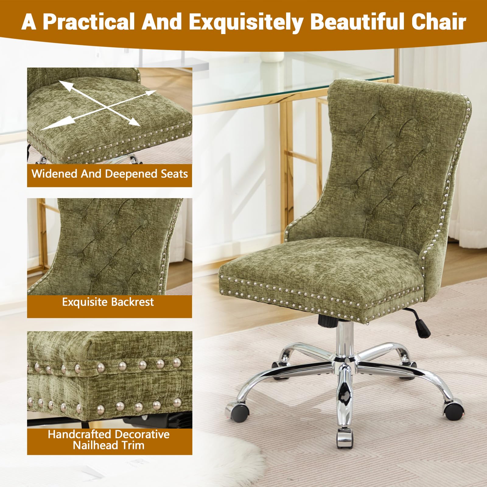 Velvet Tufted Office Chair – Adjustable Swivel Desk Chair with Gold Base & Soft Cushion